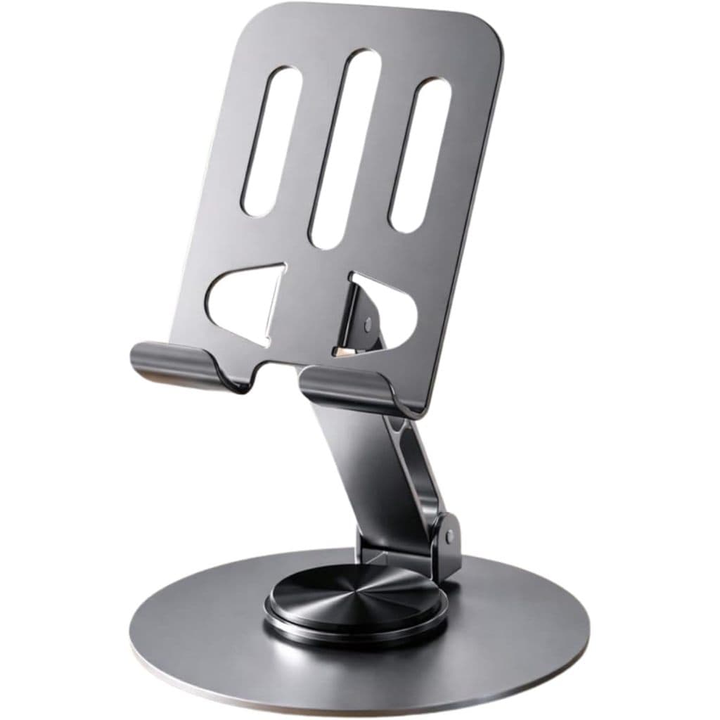 Suporte de Mesa Premium em Alumínio para Celular – Base Rotativa 360°, Ajustável e Dobrável