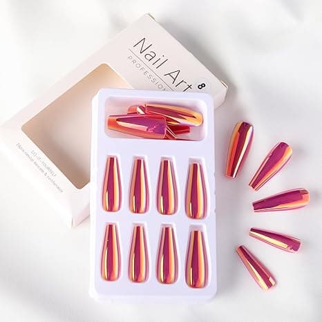 Unha Postiça 24 Peças Rosa Cromada Alongada com Cola Adesiva e Lixa Reutilizável