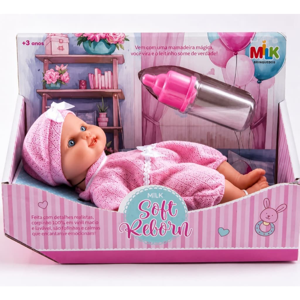 Boneca Reborn Soft Em Vinil Super Macio Com Mamadeira Magica - Milk Brinquedos -