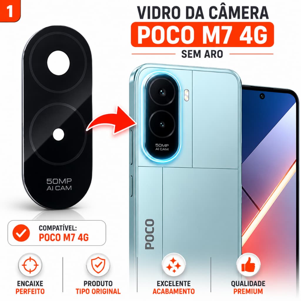 Vidro Da Câmera Poco M7 4G Lente Traseira Reposição 50MP AI CAM Encaixe Perfeito Original