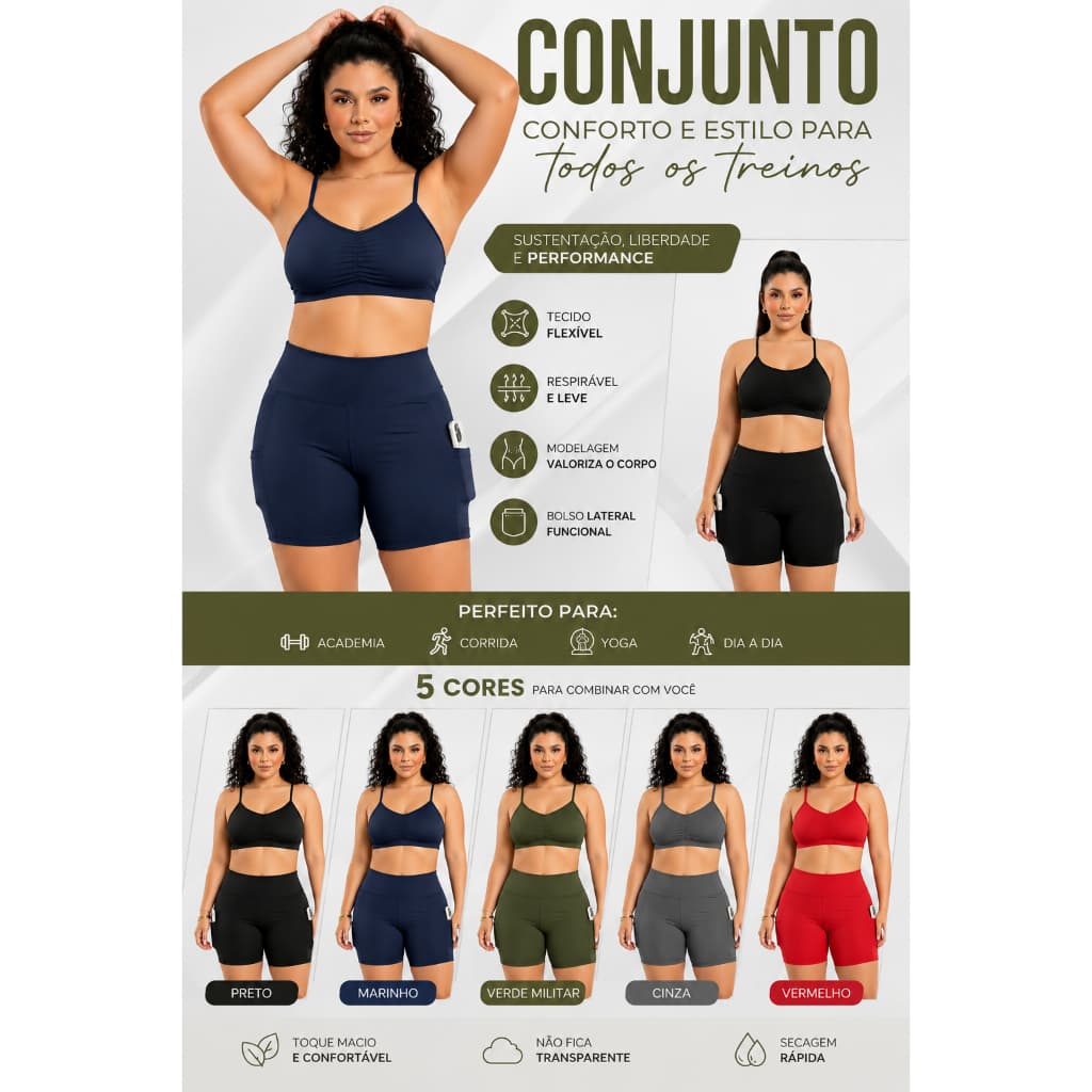 Conjunto Fitness Feminino Cropped e Bermuda Modeladora