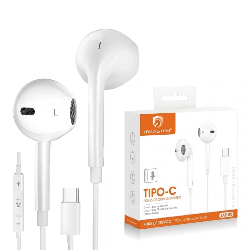 Fone H’Maston EAR-02 Tipo-C com Microfone Cabo Resistente em Silicone Android Branco