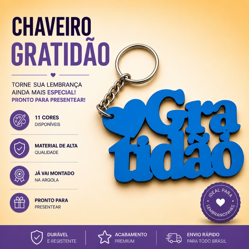 Kit Chaveiros Gratidão em MDF Colorido ( 20 até 100 unidades)