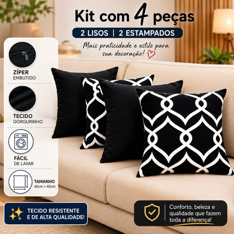 Kit 4 Capas de Almofada Premium em Gorgurinho – Zíper Embutido e Fácil de Lavar