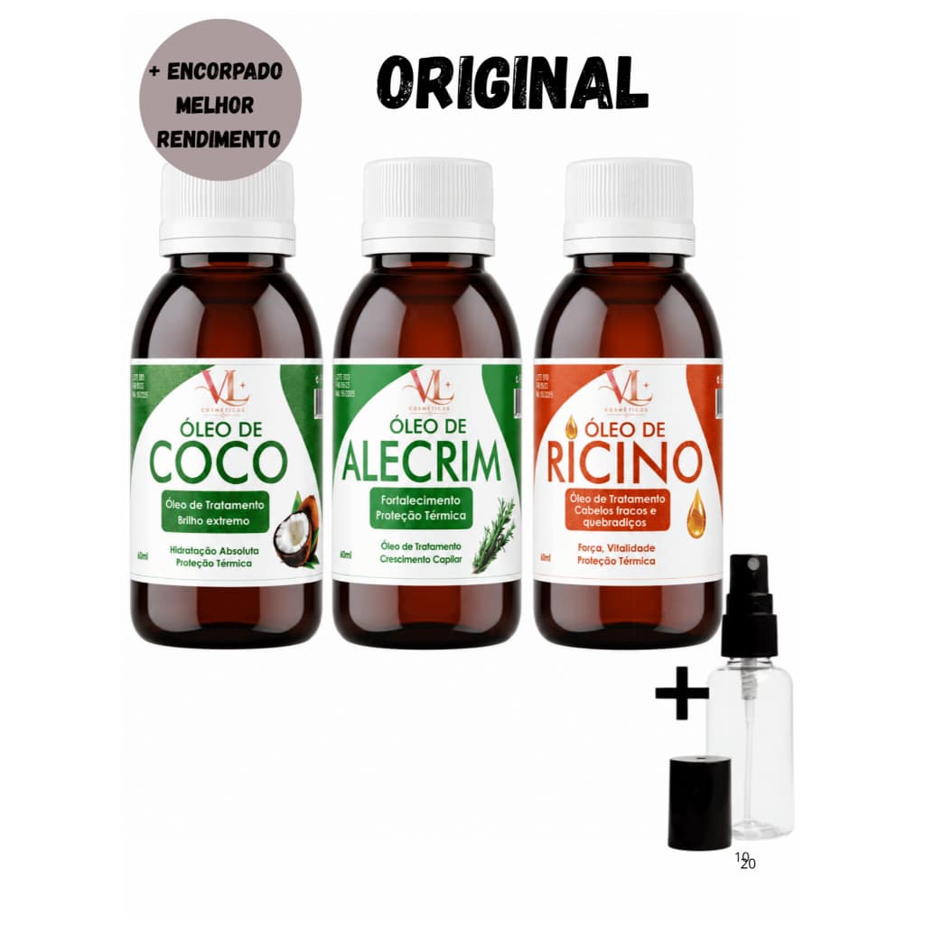 Kit Terapia Capilar Óleo de Coco + Rícino + Alecrim 60ml + Frasco - VL -Resultado Cabelos Maravilhosos.