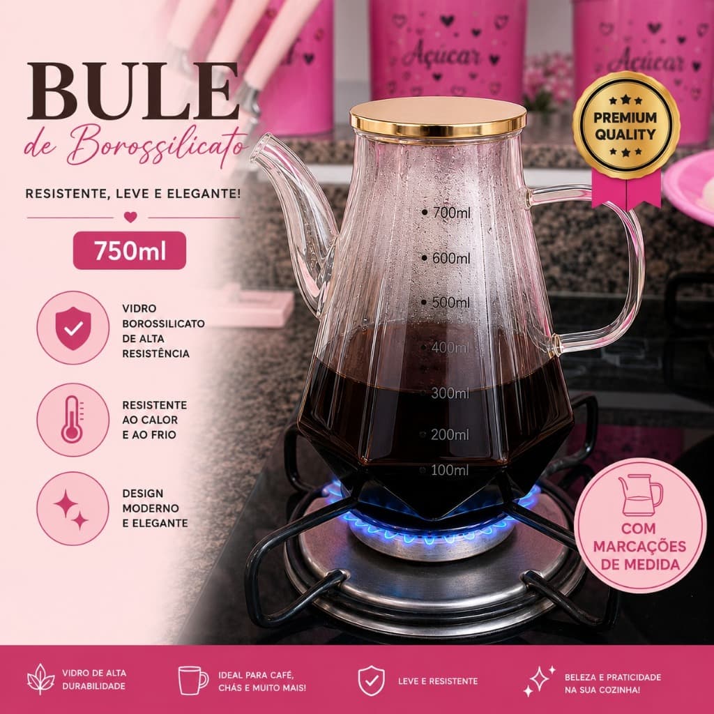 Bule de Vidro Borossilicato 750ml com Tampa | Para Café, Chá, Leite e Bebidas | Resistente ao Calor e Fogo