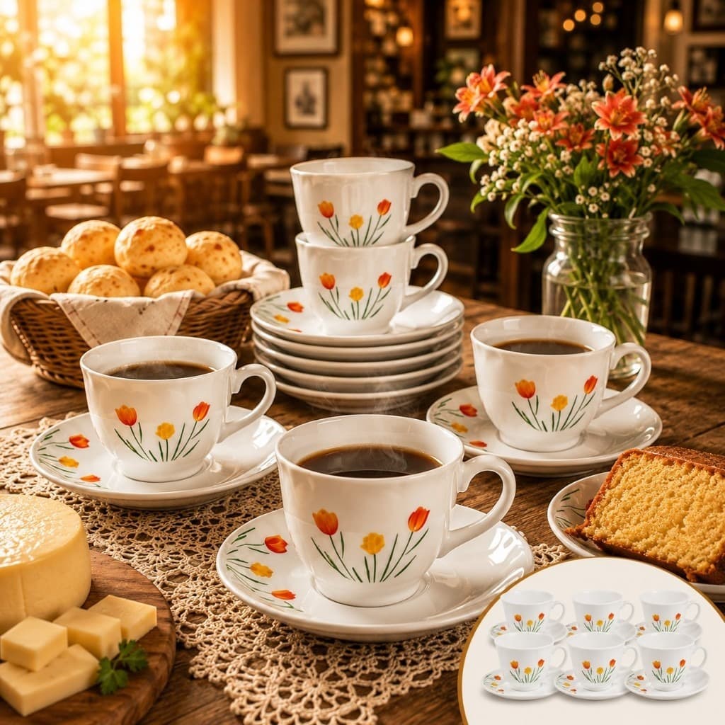 Conjunto Xícara Chá Cerâmica Branca 12 Peças Com Pires Design Elegante Resistente