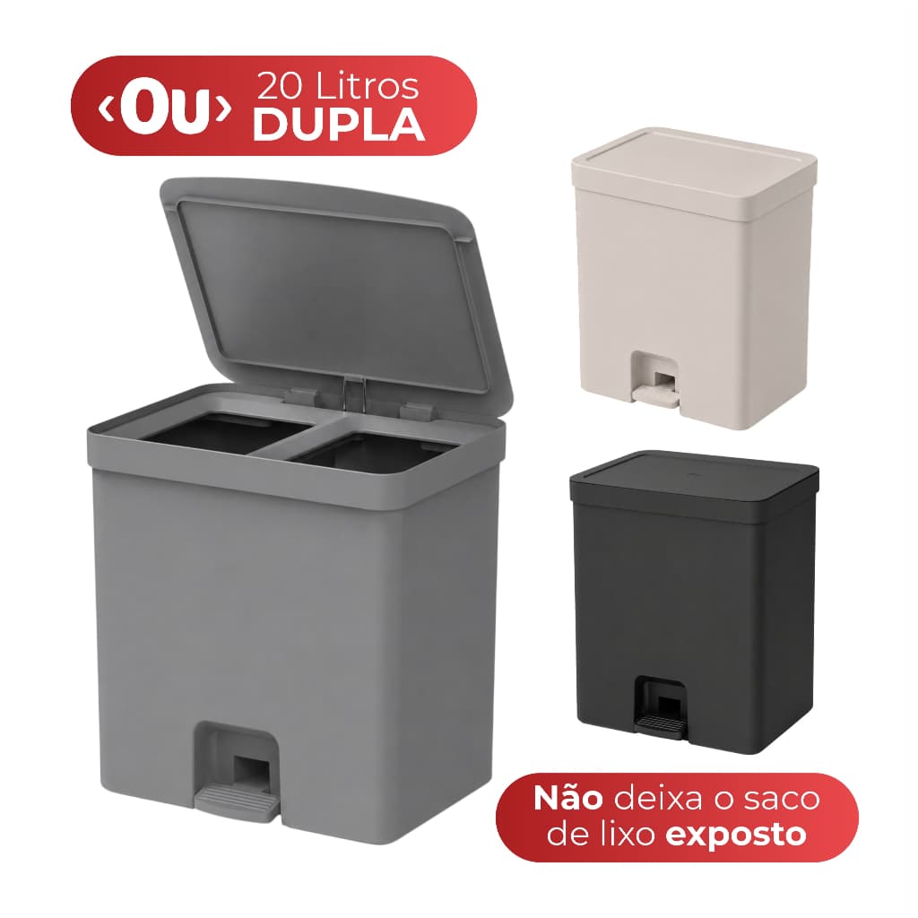 Lixeira Grande de Pedal Duplo Compartimento 20 Litros Cozinha Esconde Saco Cinza Preta Bege Trium OU