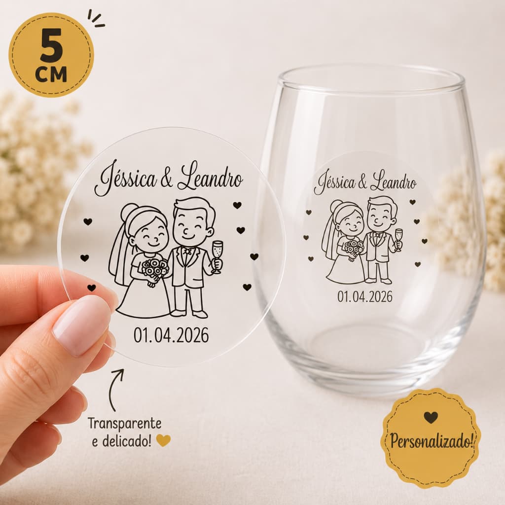 Adesivo Noivinhos Transparente 5cm | Personalizado Casamento Noivado Lembrancinha Rótulo personalizado  taça copo