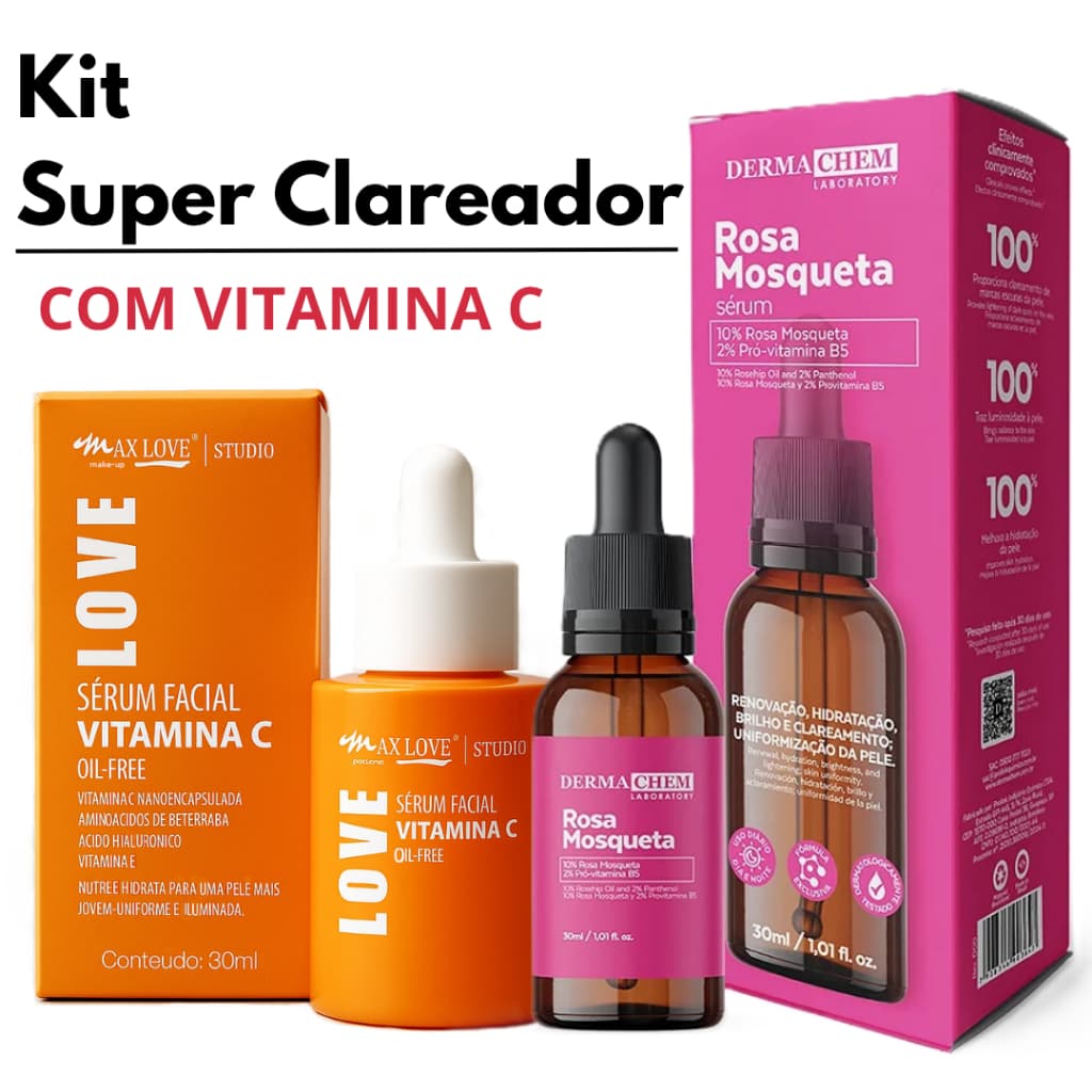 Kit Clareador Facial Vitamina C Rosa Mosqueta Anti Manchas Melasma Marcas de Acne Hidratante Facial