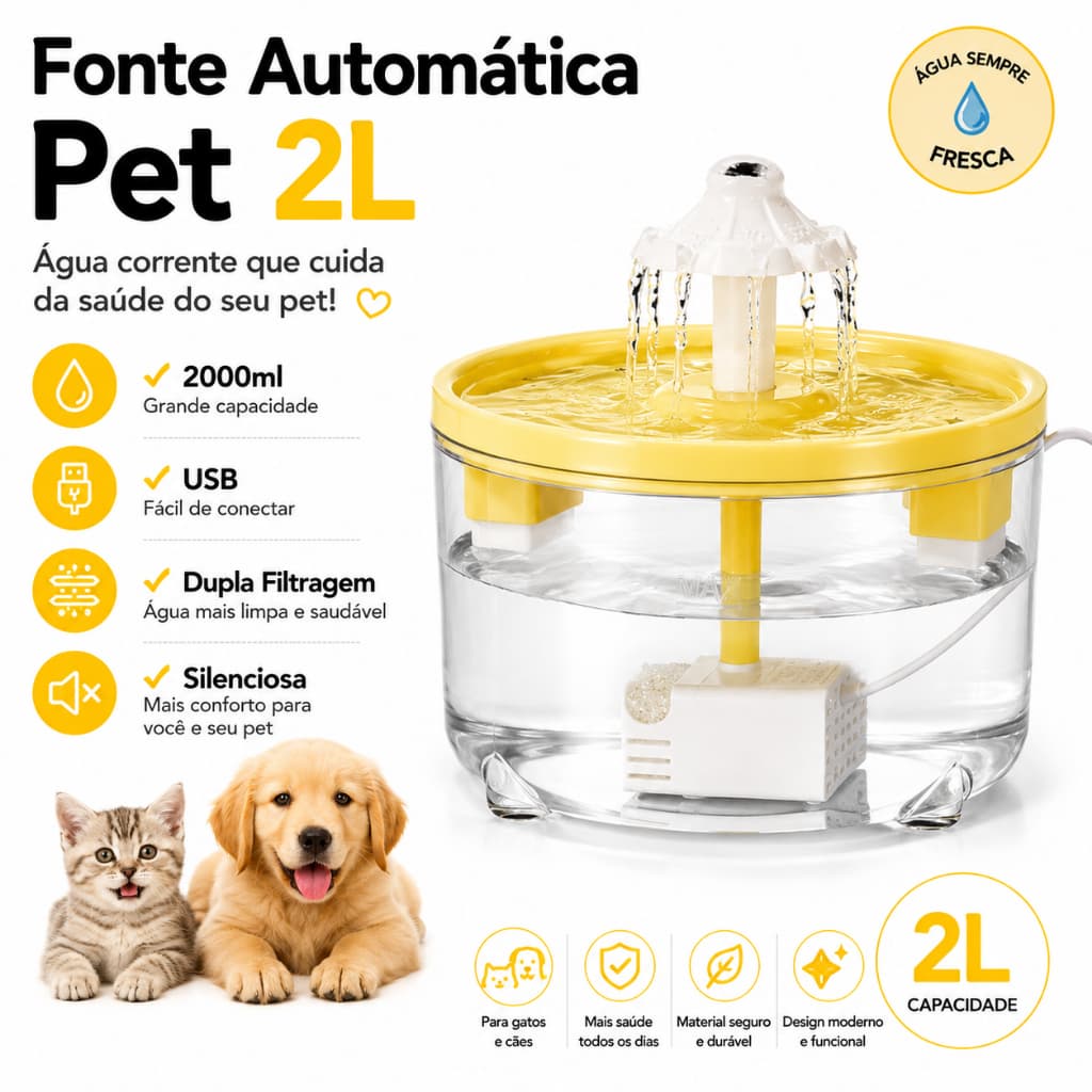Fonte de Água Automática para Gatos e Cães 2L USB Bebedouro com Filtro Silencioso