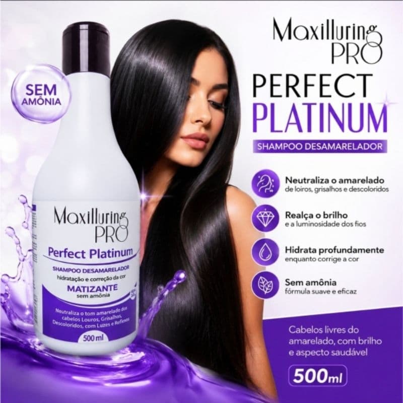Shampoo Desamarelador 500ml Maxluring Pro Perfect Platinum Matizante sem amônia
