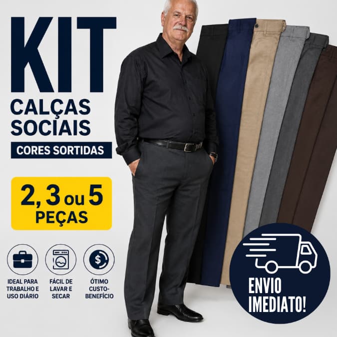 Kit Calça Social Masculina Reta Cores Sortidas Confortável Para Trabalho e Dia a Dia 36 ao 52