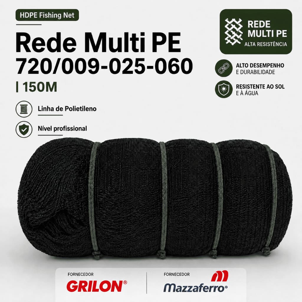 Pananagem Multifilamento Malha 5 Fio PE 720/9 1,30mm (Distância entre Nós 2,5cm) Altura Esticada 3,0m e 150m