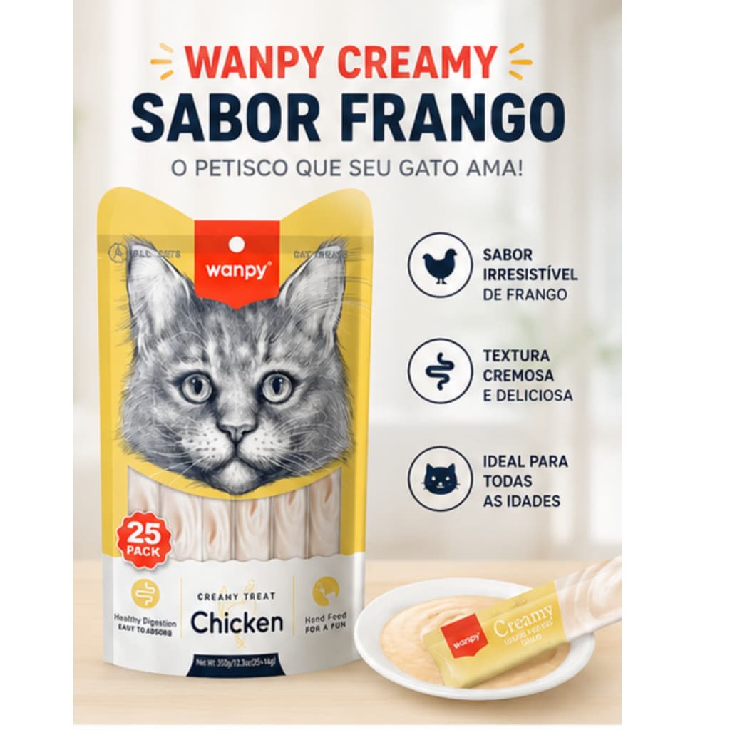 Petisco para Gatos Wanpy Creamy Frango – 25 Tubos (350g) Snack Cremoso - Churu para Gatos