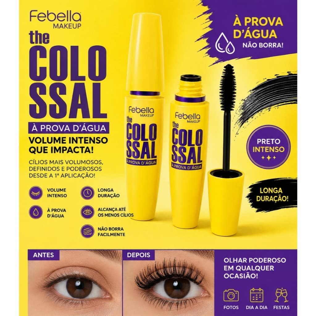 Máscara de Cílios The Colossal Febella Waterproof | Volume Intenso | À Prova d'Água