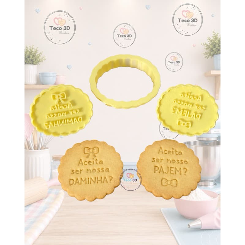 CORTADOR DE BISCOITO CASAMENTO DAMINHA PAJEM FRASE ACEITA SER MINHA DAMINHA NOSSO PAJEM 6 CM CARIMBO CONFEITARIA MASSAS