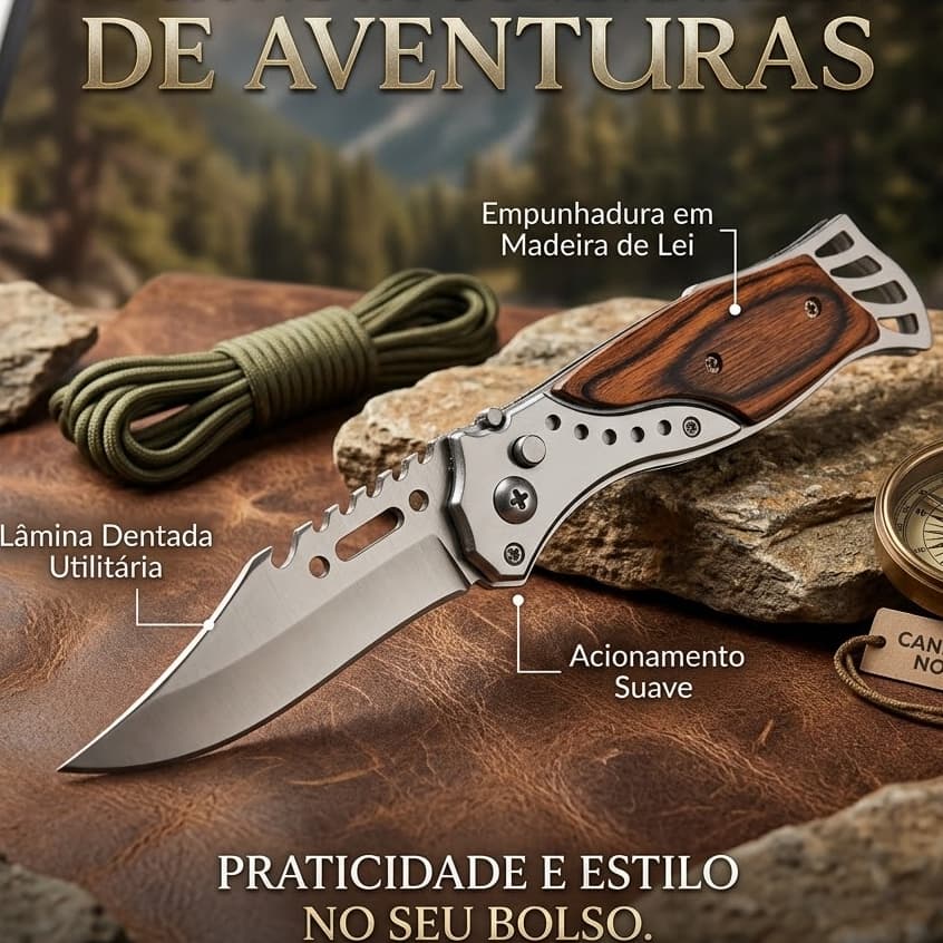 Canivete Automático de Bolso Cabo em Madeira e Aço Inox com Trava de Segurança com BainhadePesca Camping Trilha