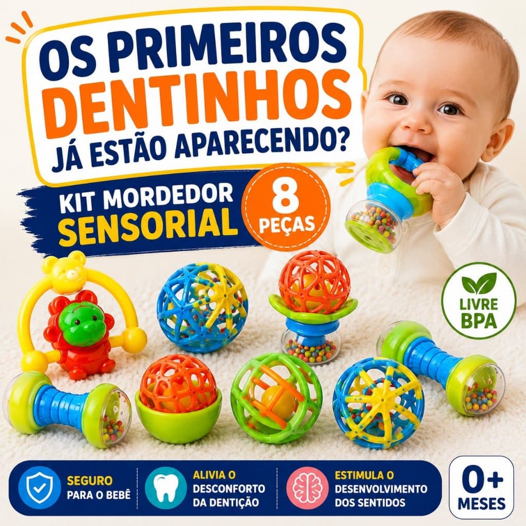 Kit Brinquedo Bebê Chocalho Mordedor Sensorial 8 Peças Livre BPA Bola Colorida Para Menino Menina
