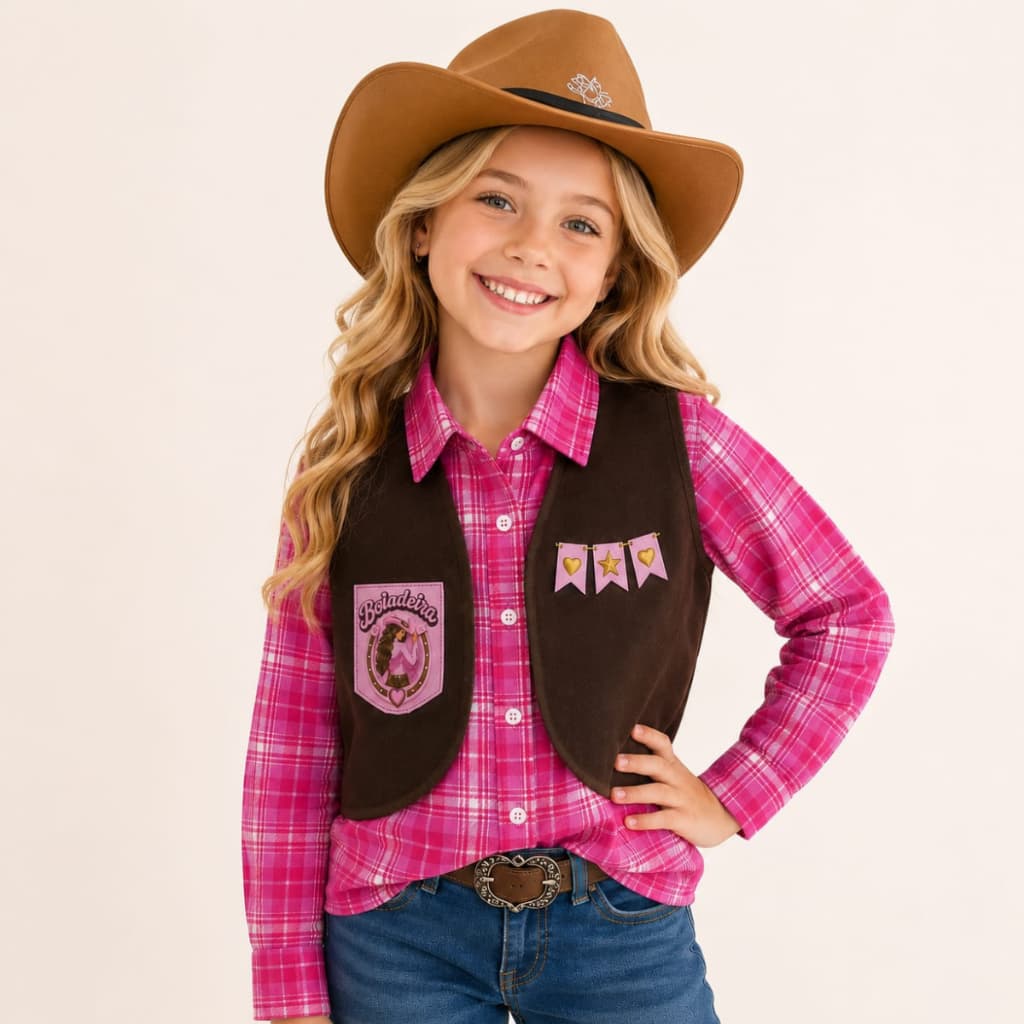 CAMISA XADREZ ROSA  COM COLETE BOIADEIRA E CHAPEU DE EVA MARROM ANA CASTELA