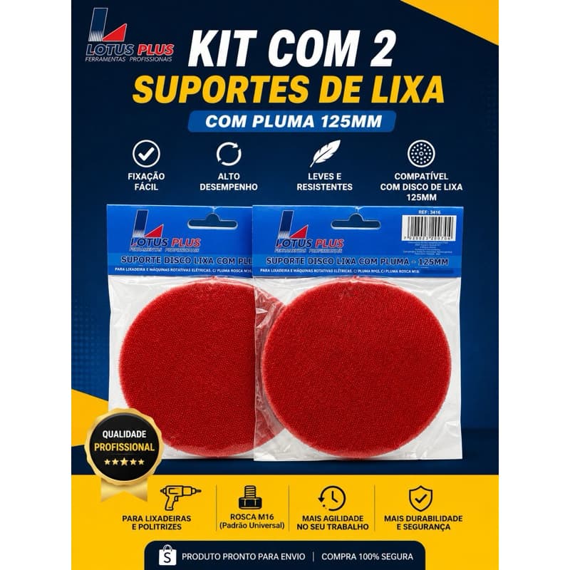 Kit 2 Suportes Disco De Lixa Com Pluma Velcro 125mm Lotus Plus Professional