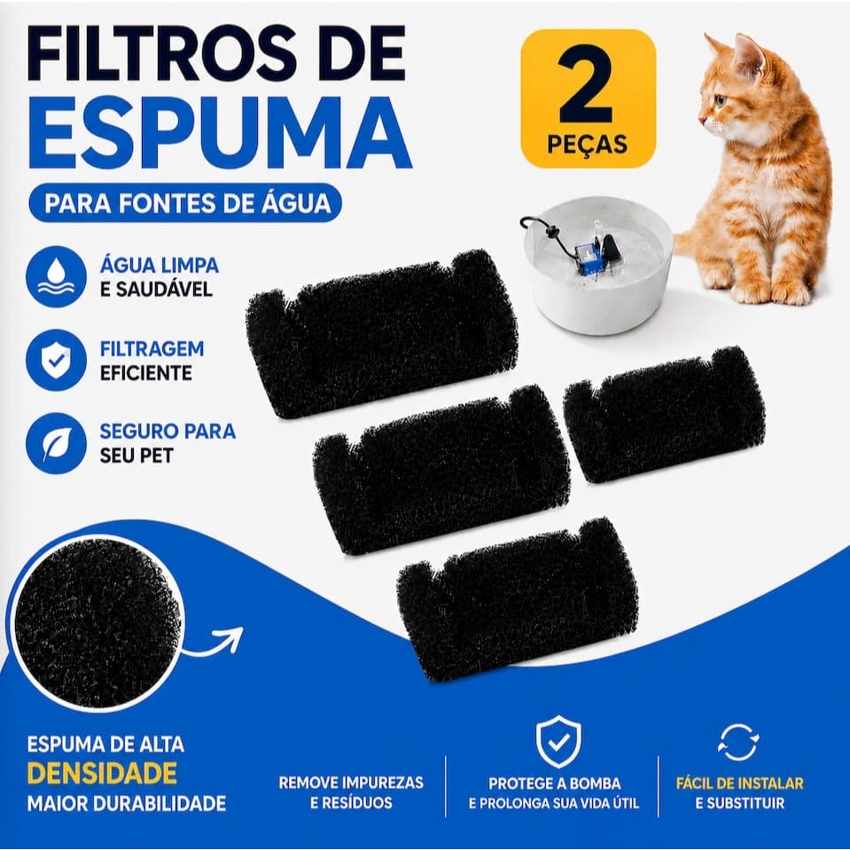Kit 2 Filtro de Espuma Para Bebedouro Gatos Pet Animais Substituição Refil Fonte Água