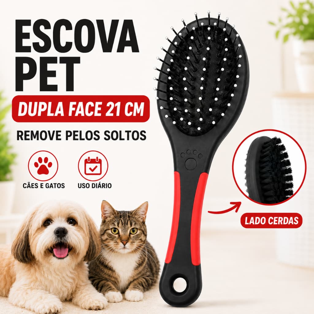 Escova Para Pets Dupla Face 21cm Preta Para Cães e Gatos Remove Pelos Soltos Banho Higiene