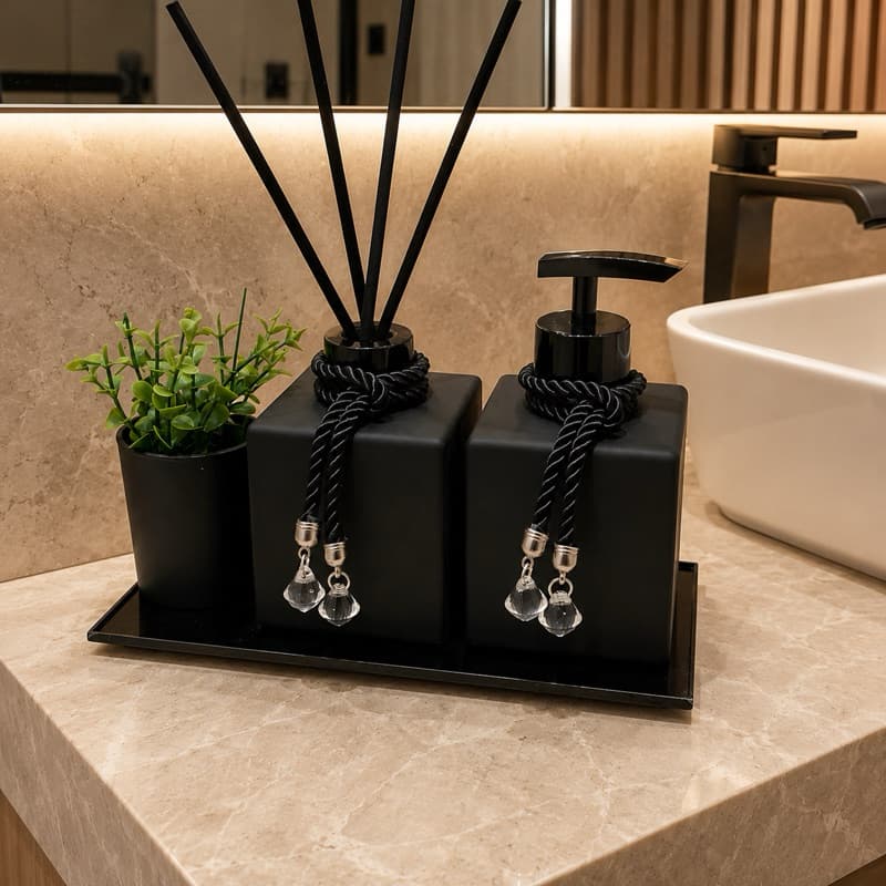 Kit Lavabo Banheiro Luxo Preto Com Bandeja Vasinho Vareta de Fibra