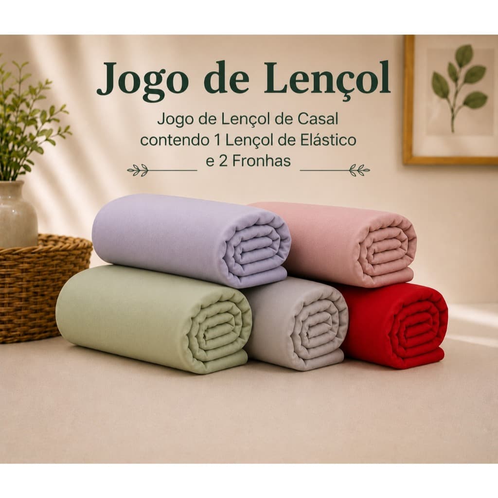 Jogo de Cama Casal 100% Algodão Lençol com Elástico Toda Volta + 2 Fronhas Toque Macio