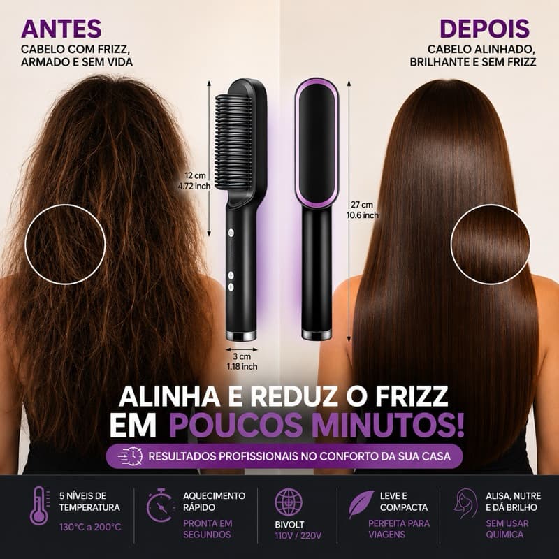 Escova Alisadora Elétrica 5 em 1 Bivolt | Alisa, Modela, Reduz Frizz, Dá Brilho e Desembaraça