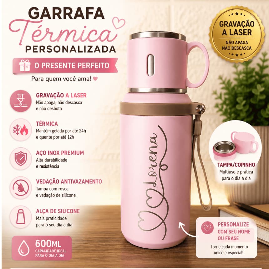garrafa termica personalizada com nome mantem temperatura com caneca inox portatil 500ml