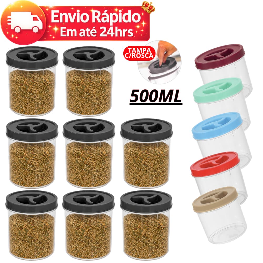 Jogo 10 Potes Redondo 500ml Tampa com Rosca BPA FREE Potinho Transparente Tempero Doce Papinha Bebê