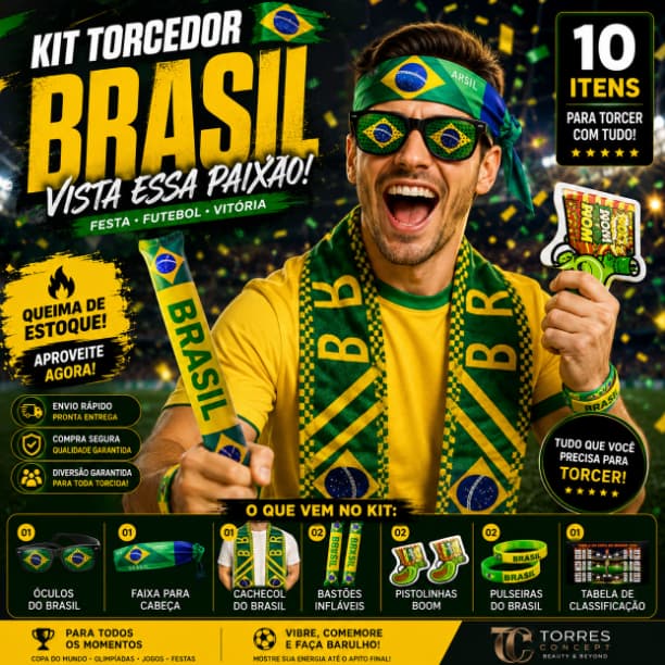 Kit Torcedor Brasil Copa Mundo Festa Atacado Acessorios Futebol Olimpiadas Promocao Barato 10 Itens
