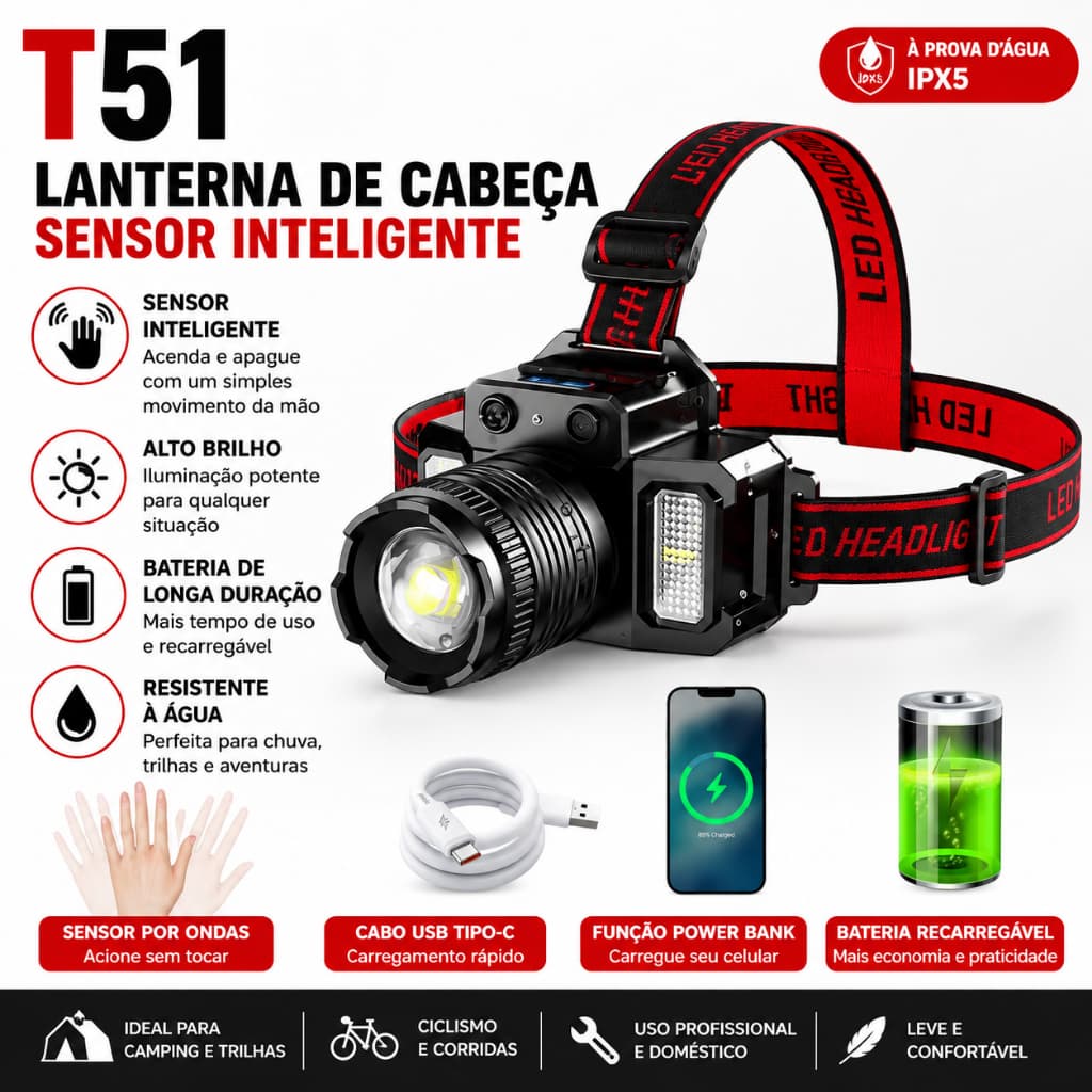 Lanterna de Cabeça T51 LED com Sensor Inteligente Recarregável USB Tipo-C Display de Bateria IPX5