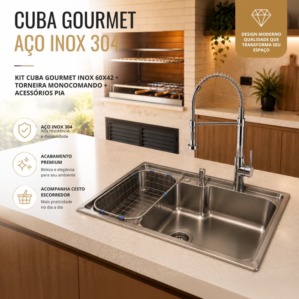 Kit Cuba Gourmet Inox 60x42 + Torneira Monocomando + Acessórios Pia  Americana Acabamento Premium De Sobrepor