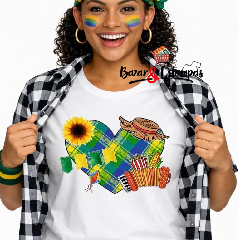 Camiseta Arraíá Coração de Xadrez Verde Amarelo Azul Festa Junina Copa Torcida Brasil Unissex