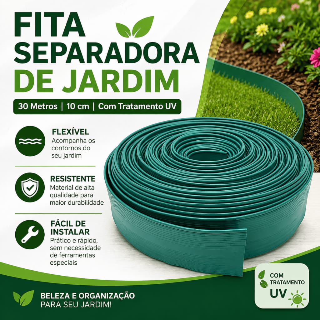 Fita Separadora de Jardim 30 Metros com Tratamento UV 10cm Para Canteiros e Paisagismo