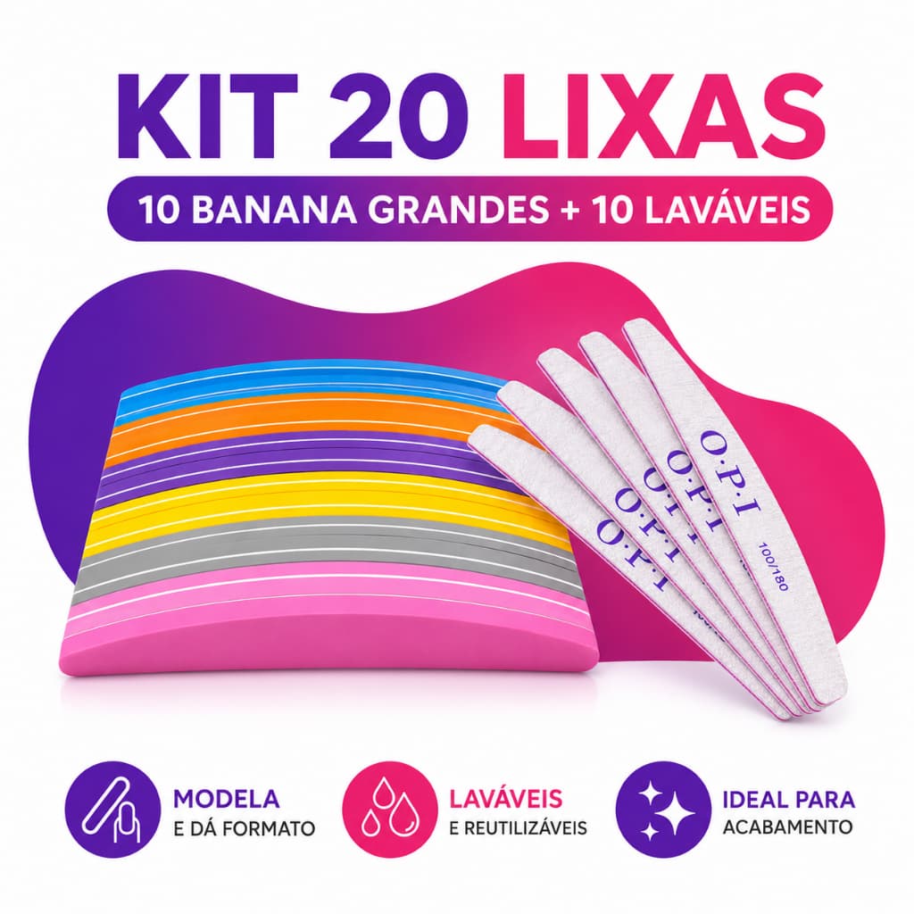 Kit 20x Lixa para Unhas Profissional – Buffer + Boomerang 100/180 Gel Alongamento Manicure