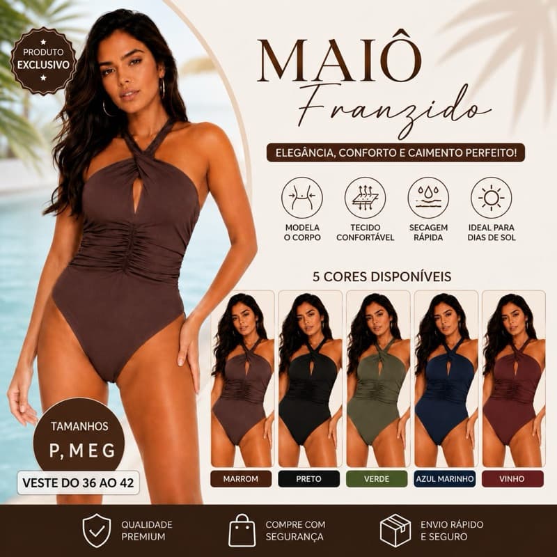 Maiô Body Feminino Franzido Premium Decote Gota – Modelador, Bojo Removível, Costas Abertas