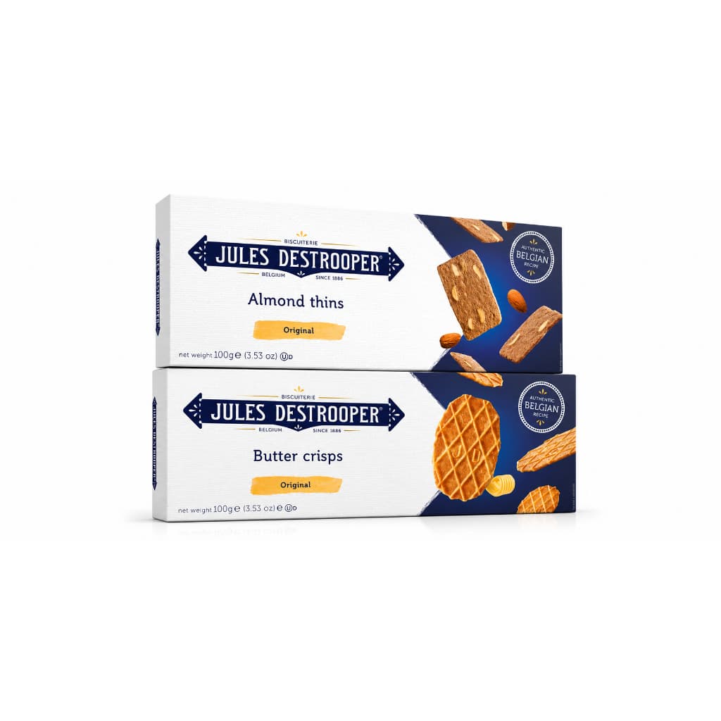 Kit Jules Destrooper Biscoitos Belgas Importados – Almond Thins Original + Butter Crisps Original – 2 Unidades (200g)