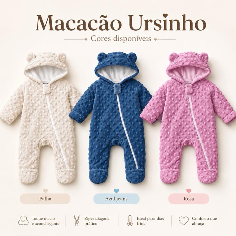 Macacão Bebê  inverno luxo 0-12 ‘Soft Peluciado Ursinho Quentinho Com Capuz e Zíper Roupa de Frio Urso Infantil Unissex