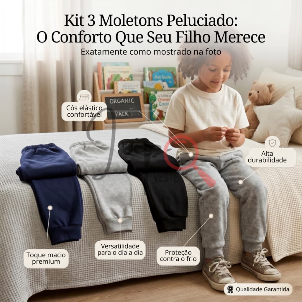 Kit 3 Calça Moletom Unissex Grosso Menino Confortavel Com Punho Algodão Menina Peluciada