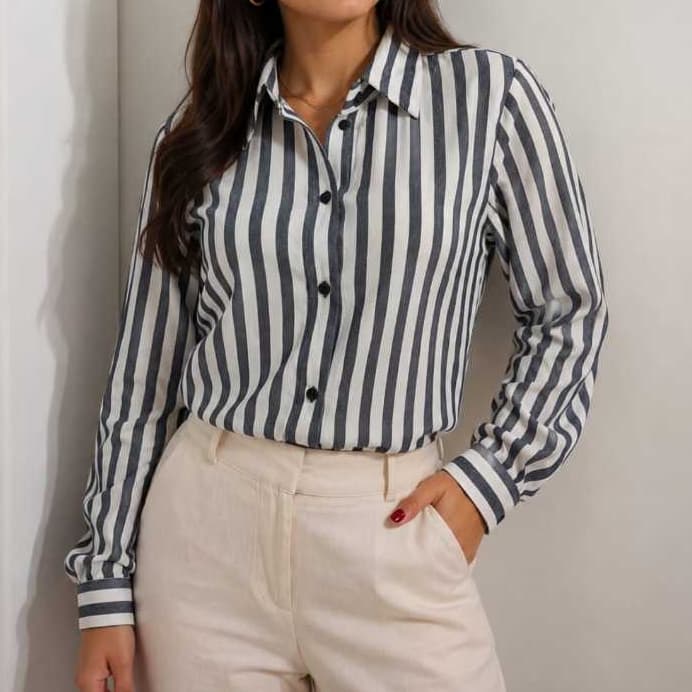 Camisa Feminina Social Listrada Manga Longa Elegante Casual Escritório**
