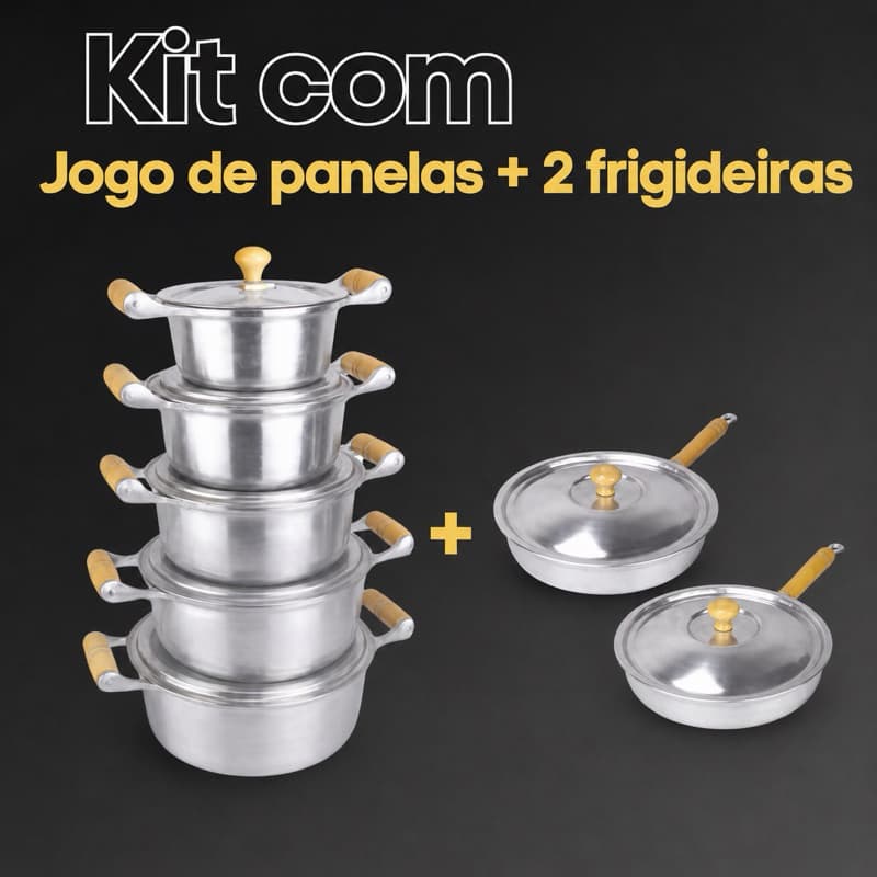 Jogo de Panelas Alumínio Batido Fundido + 2 Frigideiras Grossas com Pegadores De Madeira/LINHA PREMIUM