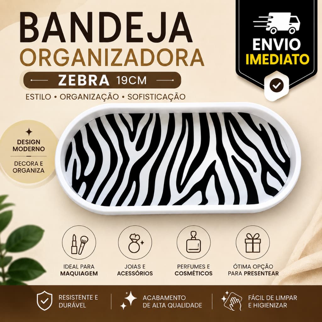 Bandeja Decorativa Zebra 19cm Organizador de Maquiagem, Joias, Relógios e Acessórios