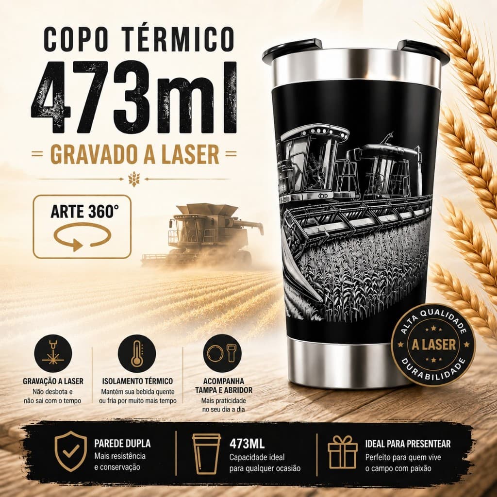 COPO TÉRMICO GRAVAÇÃO ARTE 360º GRAUS COPO INTEIRO TEMA: COLHEITADEIRA MAQUINA Equipamento rural AGRICOLA PLANTAÇÃO