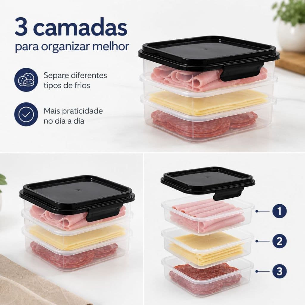 Pote Porta Frios Hermético 3 Camadas Organizador de Geladeira C/ Fundo Removível Para Queijo e Presunto