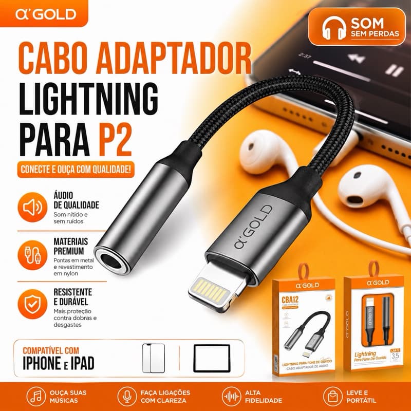 Adaptador Iphone P2 Lightining para Fone em Nylon não usa Bluetooth