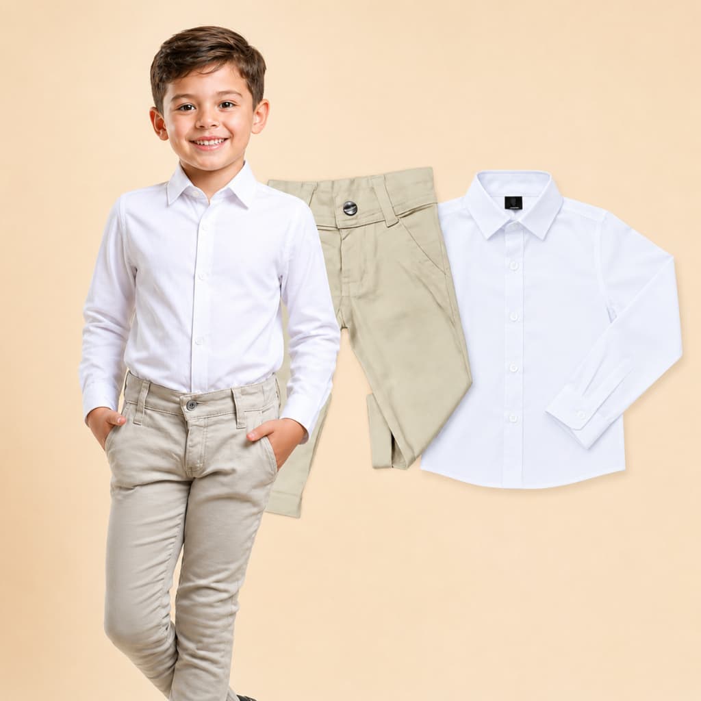 Conjunto Social Masculino Camisa Manga Longa e Calça Bege Casamento Festa Pajem