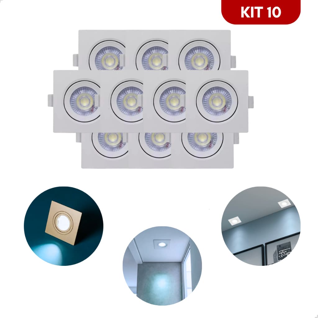 Kit 10 Spot Led Teto Embutir 9cm SMD 7w Dicroica Direcionável Quadrado Forte Estrutura Branco (Recorte 7cm)